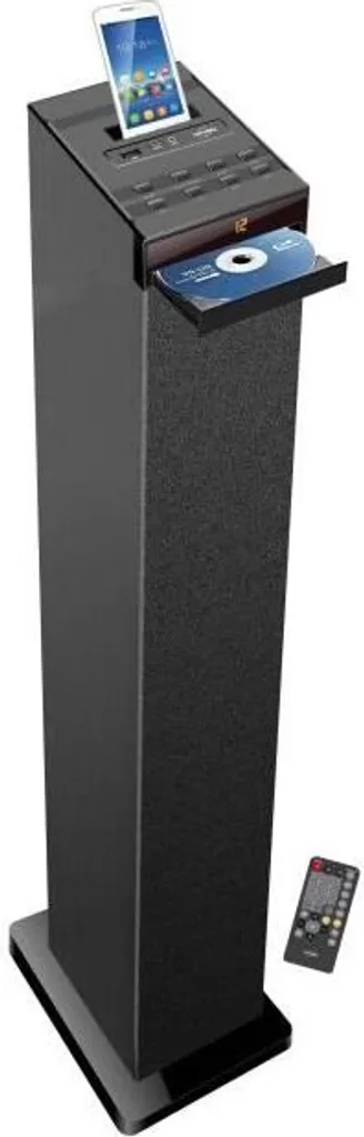 Torre sonora nera con lettore CD, Bluetooth, FM e USB, 60W + telecomando