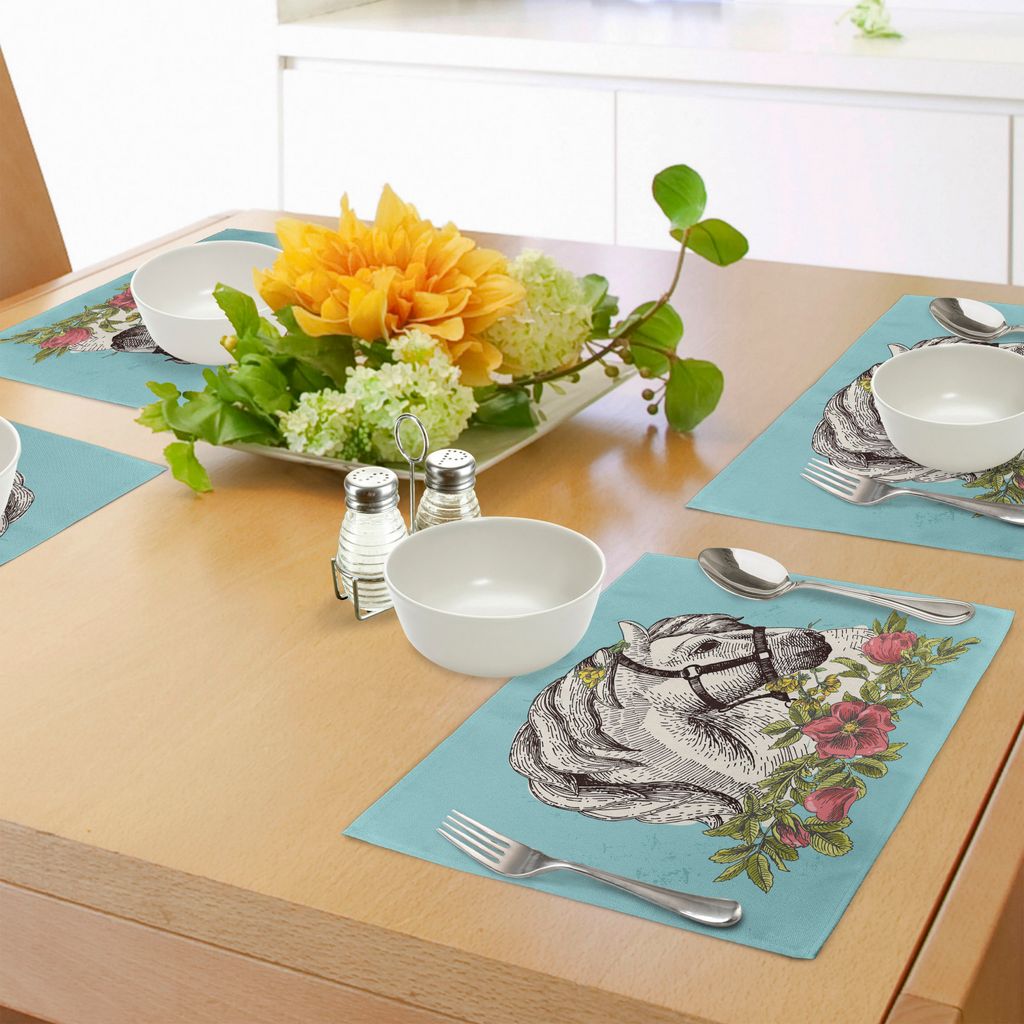 ABAKUHAUS Blumen Platzmatten, Boho-Art-Pferdeopium blüht Mohnblumen-Kranz-Reiter-Illustration, Tiscjdeco aus Farbfesten Stoff für das Esszimmer u...