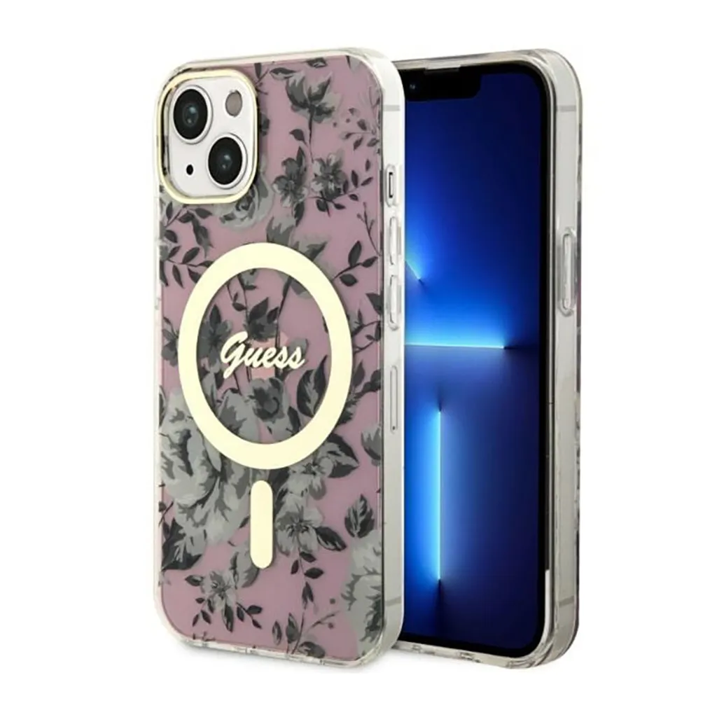 Custodia iPhone 15 Plus Guess MagSafe Pink Flower Rigida Originale