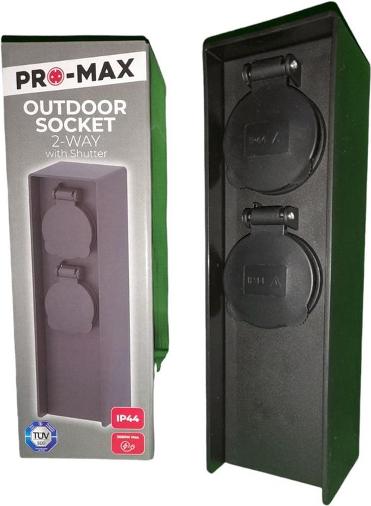 Promax Außensteckdose aus Kunststoff in glatter Ausführung mit 2 Steckdosen IP 44 Spritzwassergeschützt 3600Watt