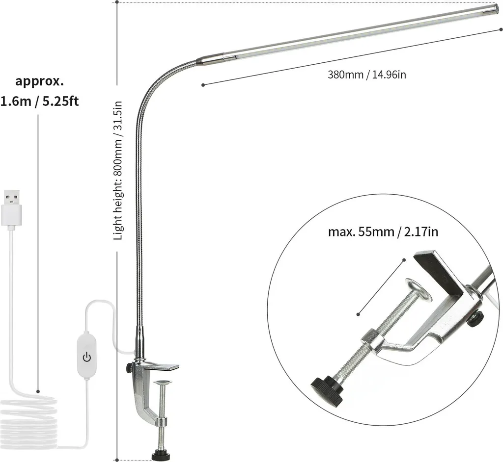 Lampe de bureau USB à pince LED blanche tactile et intensité variable - 5