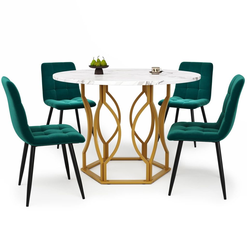 Esstisch-Set (5-teilig),mit 4 Stühlen,Modernes Küchen-Esstisch-Set,Runder Küchentisch,Metallbeine,MDF-Marmor-Tischplatte,Samt-Esszimmerstühle