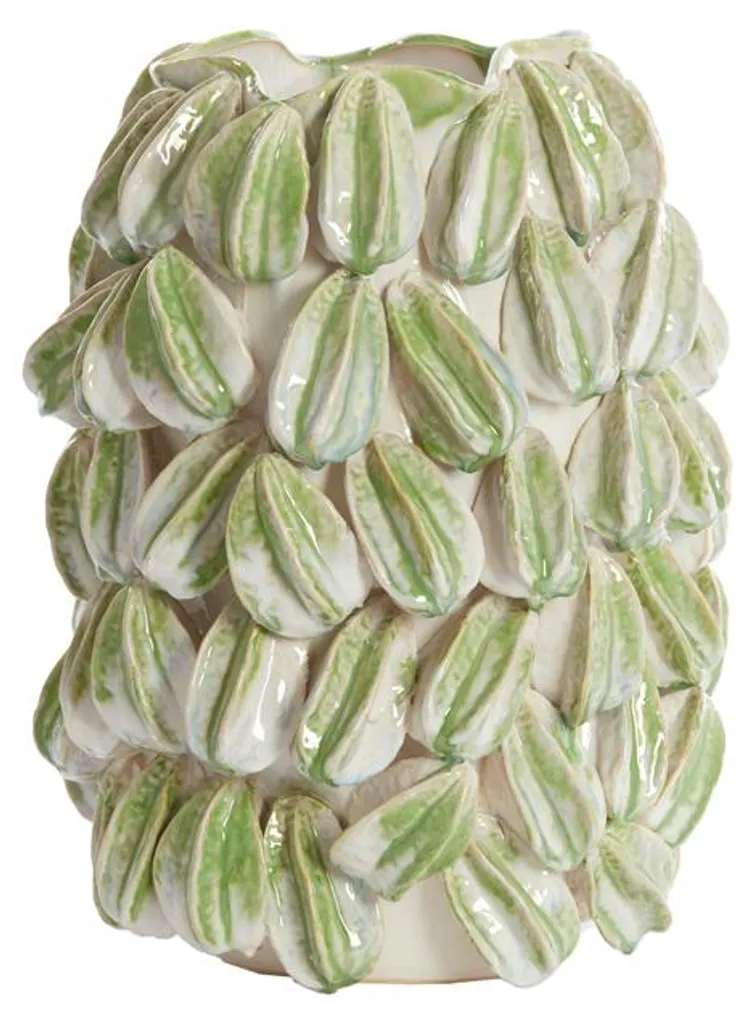 Vase CARAMBOLA céramique robuste crème et vert - Déco stable 47 cm