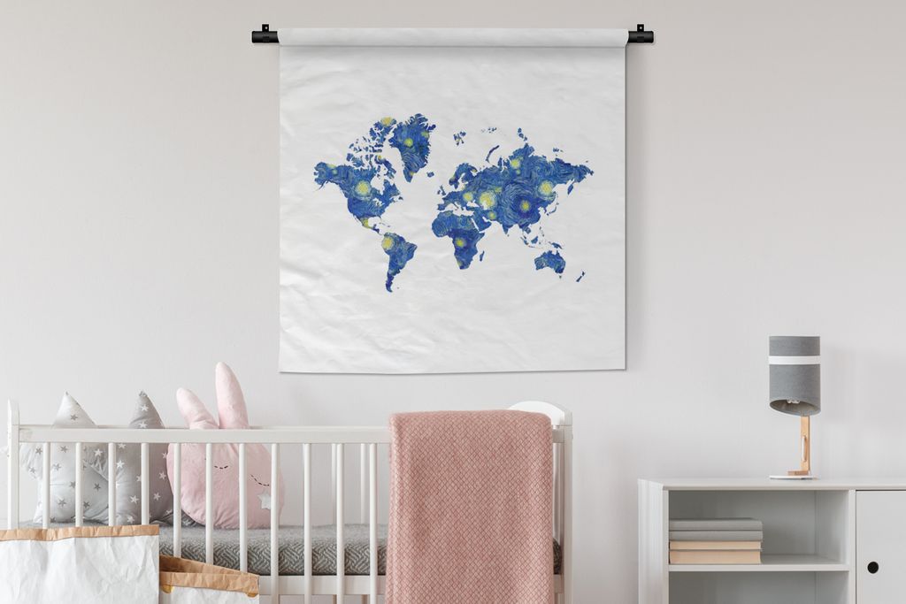 MuchoWow Wandteppich Wandbehang Karte - Van Gogh - Sternennacht 90x90 cm Tapisserie Dekoration Wandtuch - Wandaufhänger