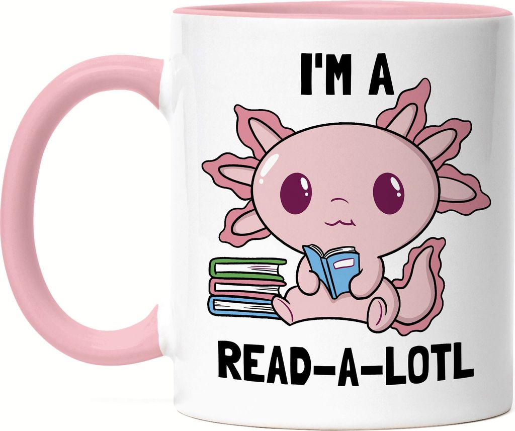 I am a read a lotl Tasse rosa Bücherliebe Bücherwurm Würmchen süßes Motiv lesen macht Spaß Bücher