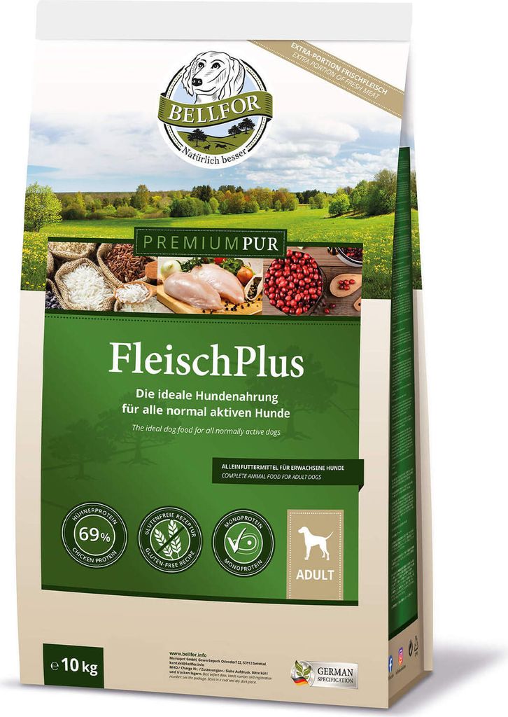 A bag of dog food with images of ingredients and product information.