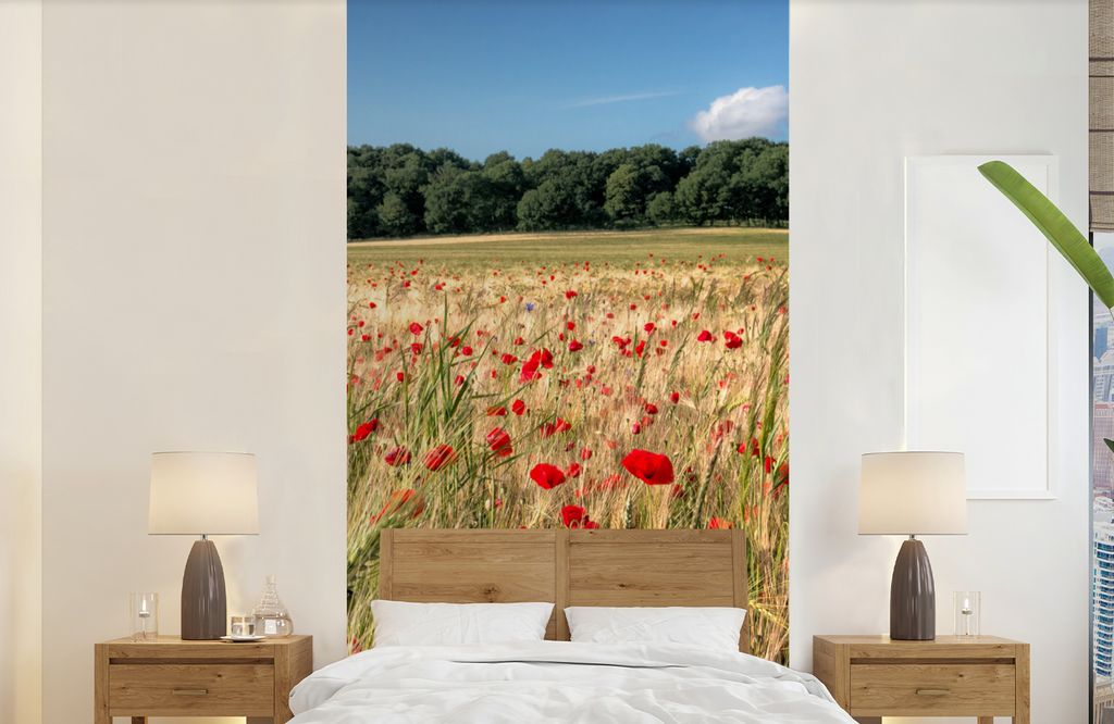 MuchoWow Fototapete für Wohnzimmer oder Schlafzimmer Wandtapete Vinyl Motivtapete Wilde Mohnblumen auf einem großen Feld - 120x240 cm - Hinterg...