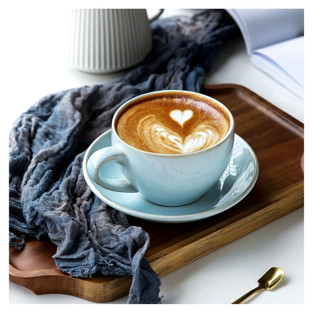 300 ml Keramikofen verwandelt Latte-Kaffeetasse und Teller, japanisches Retro-Tassen-Set in Himmelblau