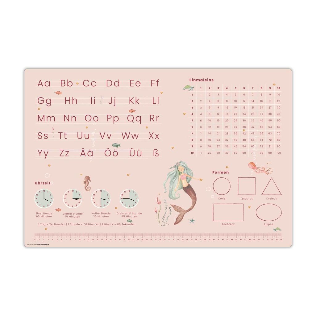 Schreibtischunterlage für Kinder – Lernunterlage in Meerjungfrau Optik ABC, 1x1, Uhr – 60 x 40 cm – aus Vinyl - Mädchen - Hergestellt in De...