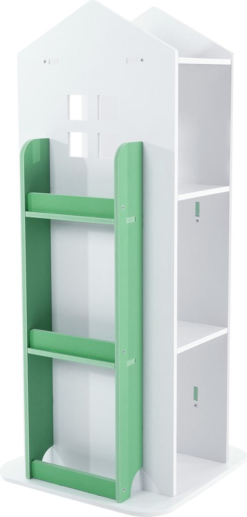 A white and green rotating bookshelf for children, shaped like a house.