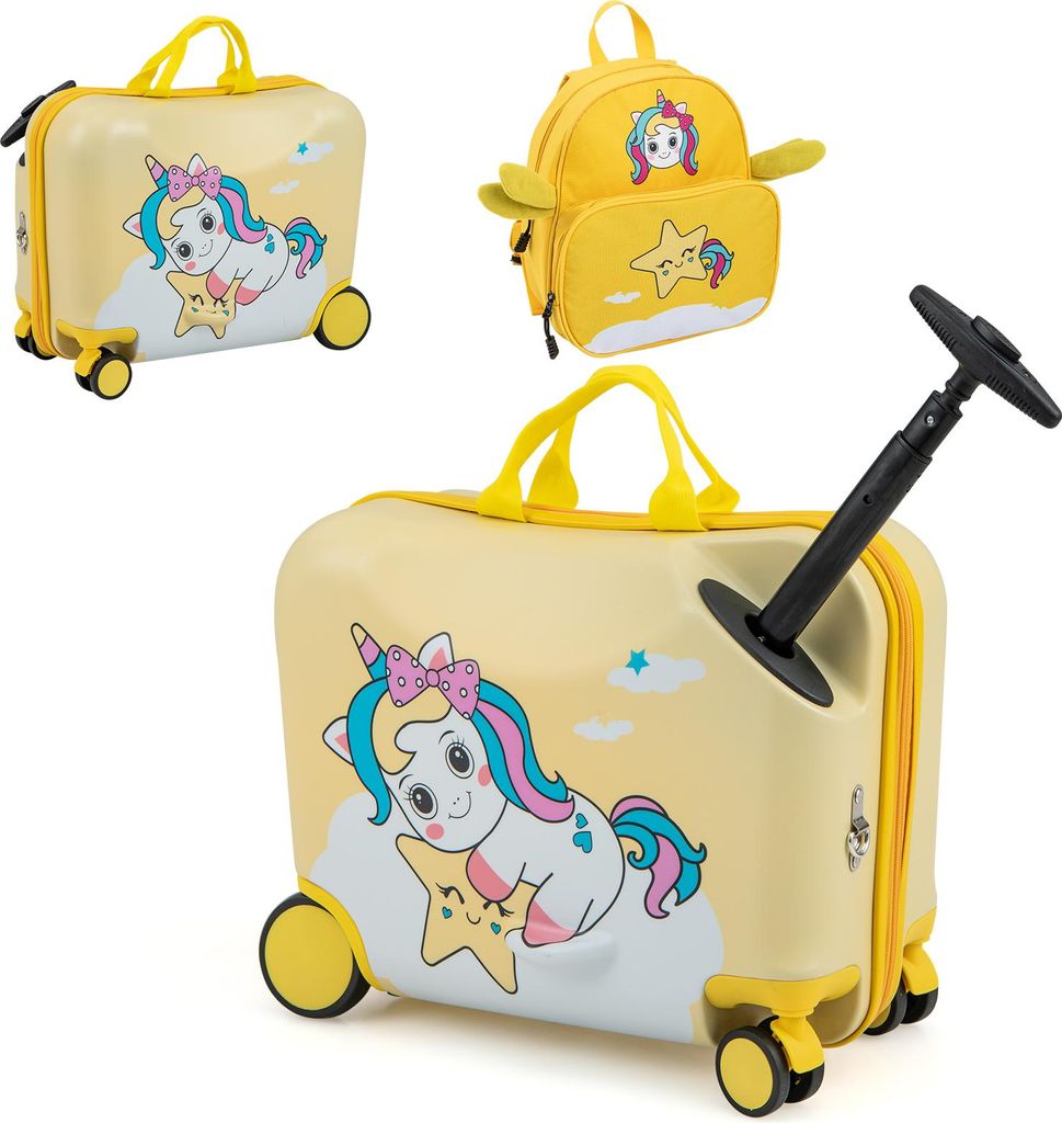 GOPLUS Kinderkoffer mit Rucksack, Kids Trolley, Kindergepäck mit Rollen, Reisekoffer mit Teleskopgriff, Hartschalenkoffer (Gelb-Einhorn, 12"+18")