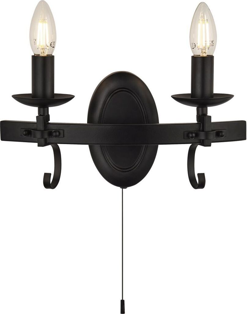 Wandlampe Eisen E14 32 cm breit mit Schalter Schwarz 2-flammig Rustikal Wandleuchte