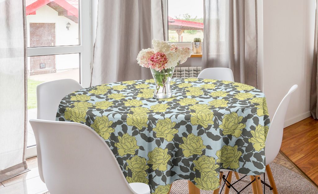 ABAKUHAUS Blumen Runde Tischdecke, Grafische Romantische Rosen, Kreis Tischdecke Abdeckung für Esszimmer Küche Dekoration, 150 cm, Pastel Yellow ...