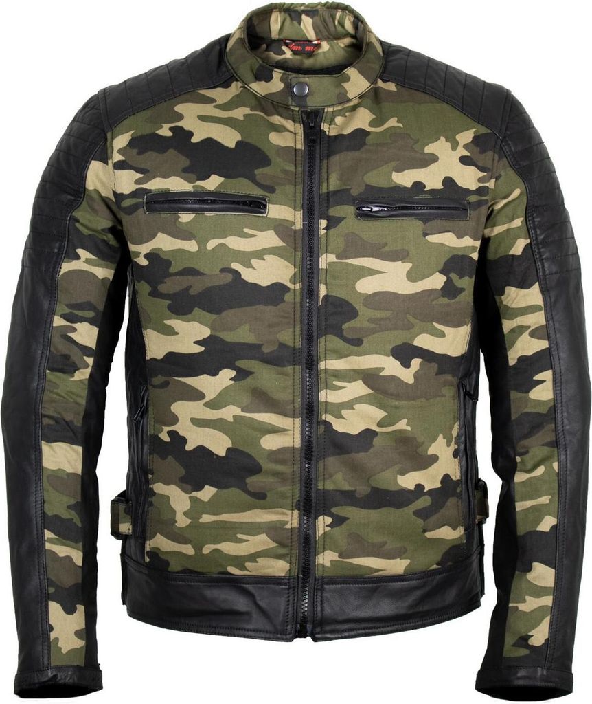 Herren Motorrad Jacke Bikerjacke mit Protektoren in Jeans Camo Schwarz Tan(Camo Grün,S)