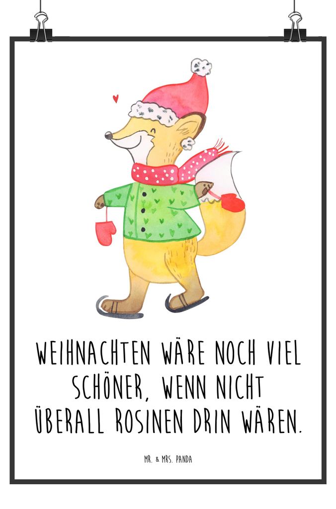 Mr. & Mrs. Panda Bild Fuchs Schlittschuhe DIN A4 - Weiß - Geschenk, Heiligabend, Winter, Weihnachten, Kunstdruck, Weihnachtsmann, Deko, drucke, Wa...