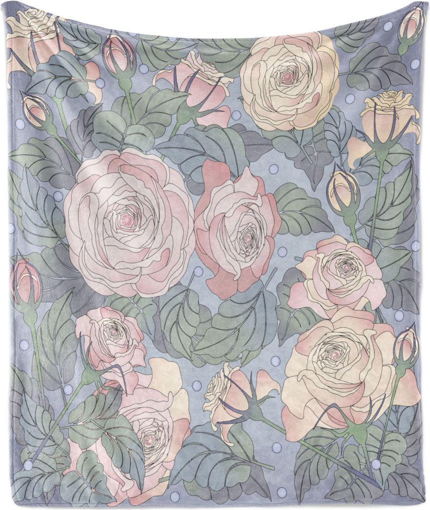 ABAKUHAUS Blumen Weich Flanell Fleece Decke, Floral Design Rosa Rosen-Blätter und Blüten undergrown, 175 x 230 cm, Blush Ceil Blau