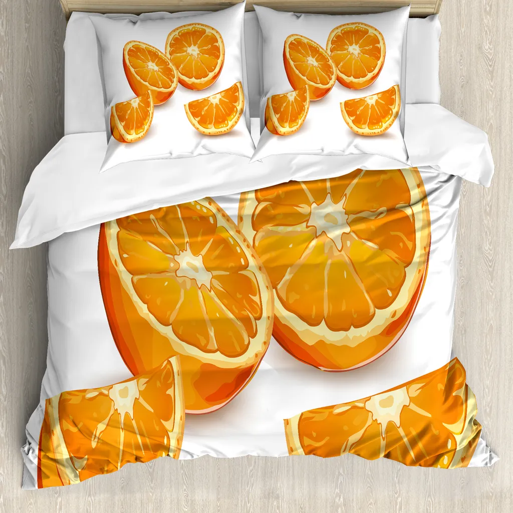 ABAKUHAUS Copripiumino naturale, arte arancione agrumata salutare, antiacaro, adatto a chi soffre di allergie, con federe, 200 cm x 200 cm - 80 x 80 cm, arancione e bianco