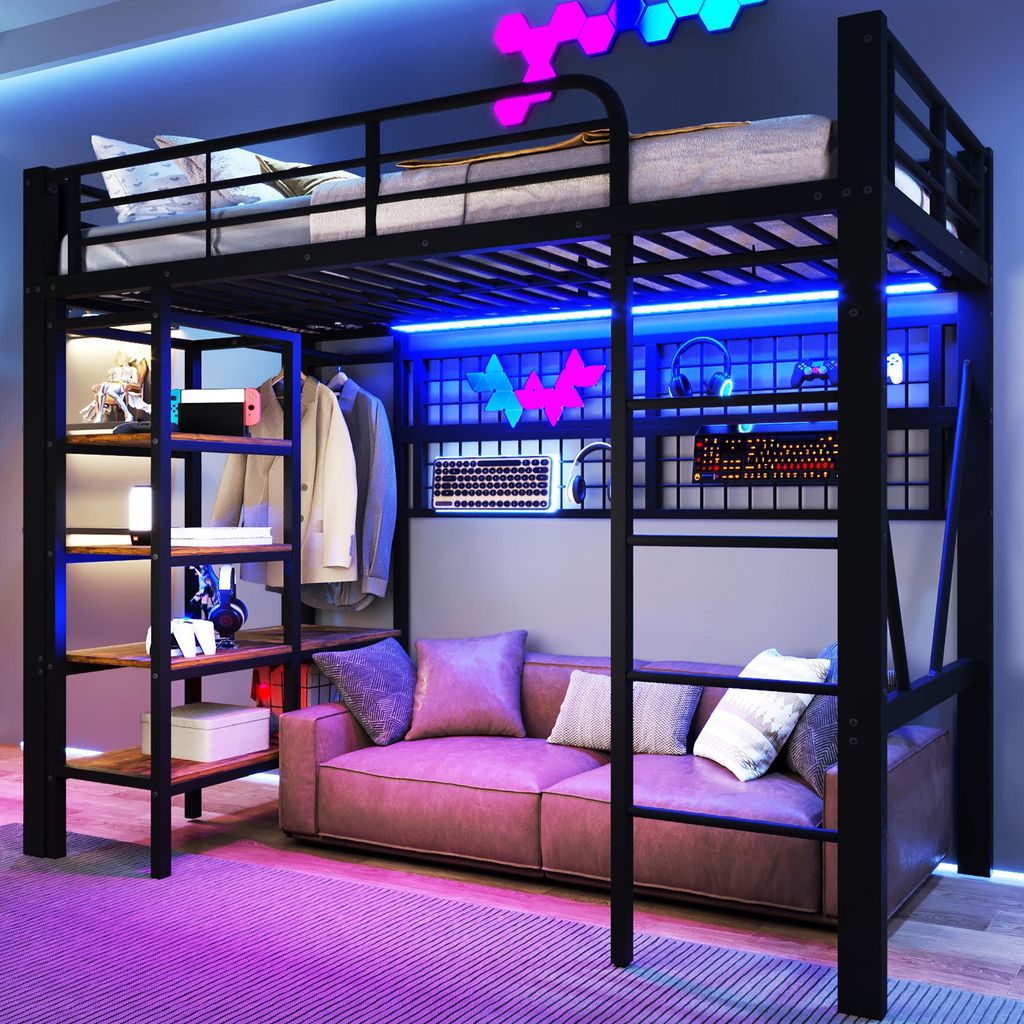 Hochbett, 90 x 200 cm, Eisenrahmen, Ablagefach, Netz zum Aufhängen von Gegenständen, mit Kleiderstange, offener Raum unter dem Bett, mit LED-Lich...