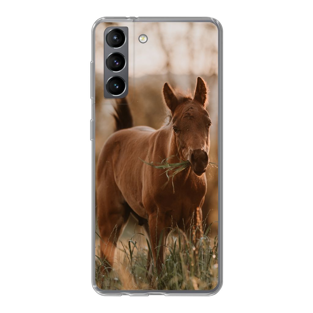 MuchoWow Handyhülle Schutzhülle Hülle für Samsung Galaxy S21 Pferd - Sonne - Gras Silikon Softcase Handy Hülle - Softcase