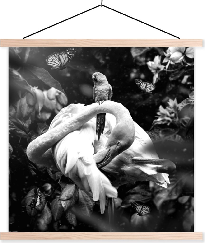 MuchoWow Textilposter Pflanzen - Flamingo - Dschungel - Schwarz - Weiß 120x120 cm mit holzfarbenen Rahmen - Textil-Poster