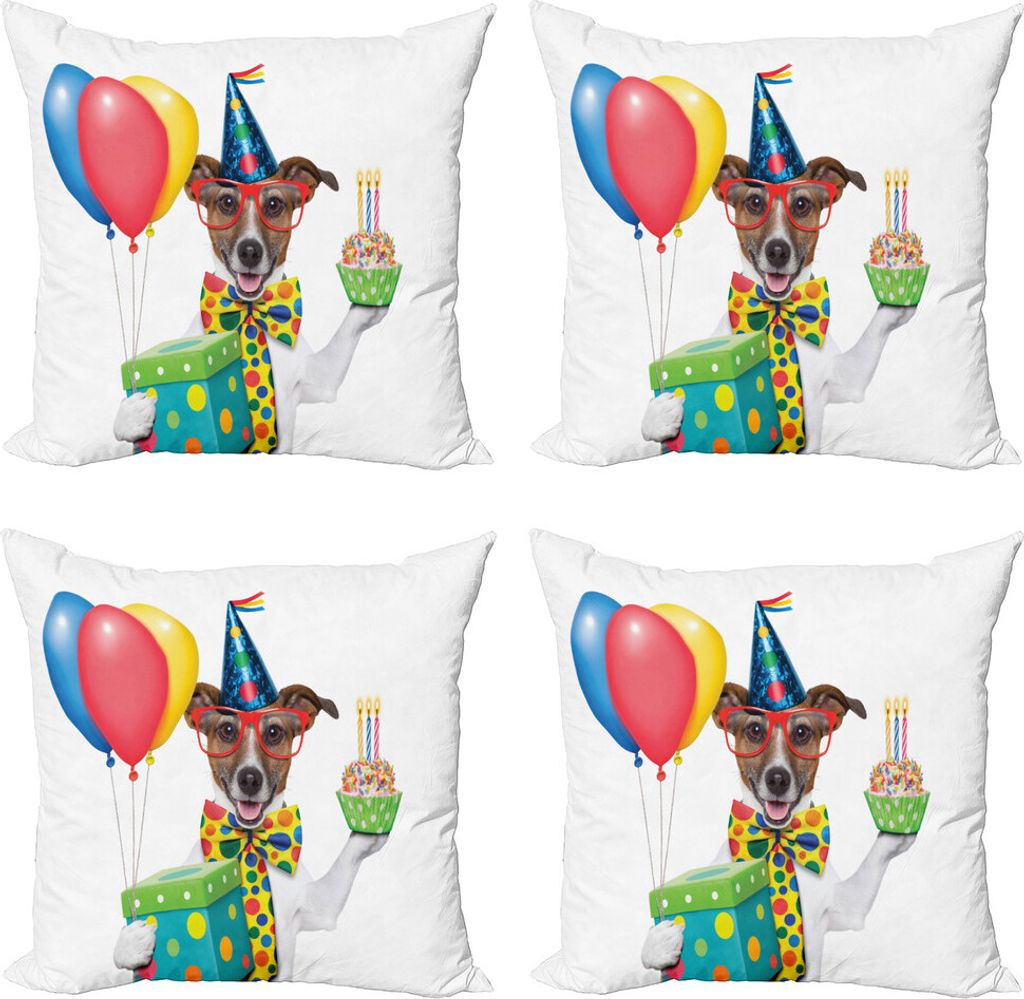 ABAKUHAUS Geburtstag Kissenbezug Set (4 Stück), Party Hund und Luftballons, Moderner Doppelseitiger Digitaldruck, 50 cm x 50 cm, Mehrfarbig