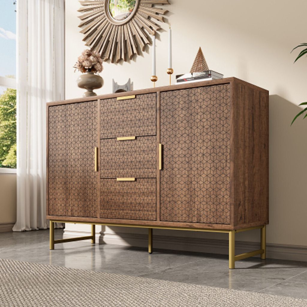 Kommode, Sideboard mit Metallgriffen, Kommode mit 3 Schubladen und 2 Türen, verstellbare Fächer, kippsicher, 120 x 40 x 75 cm