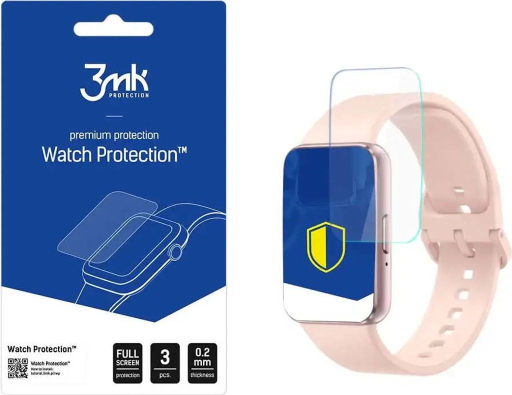 A product package for watch screen protectors next to a smartwatch with a screen protector applied.
