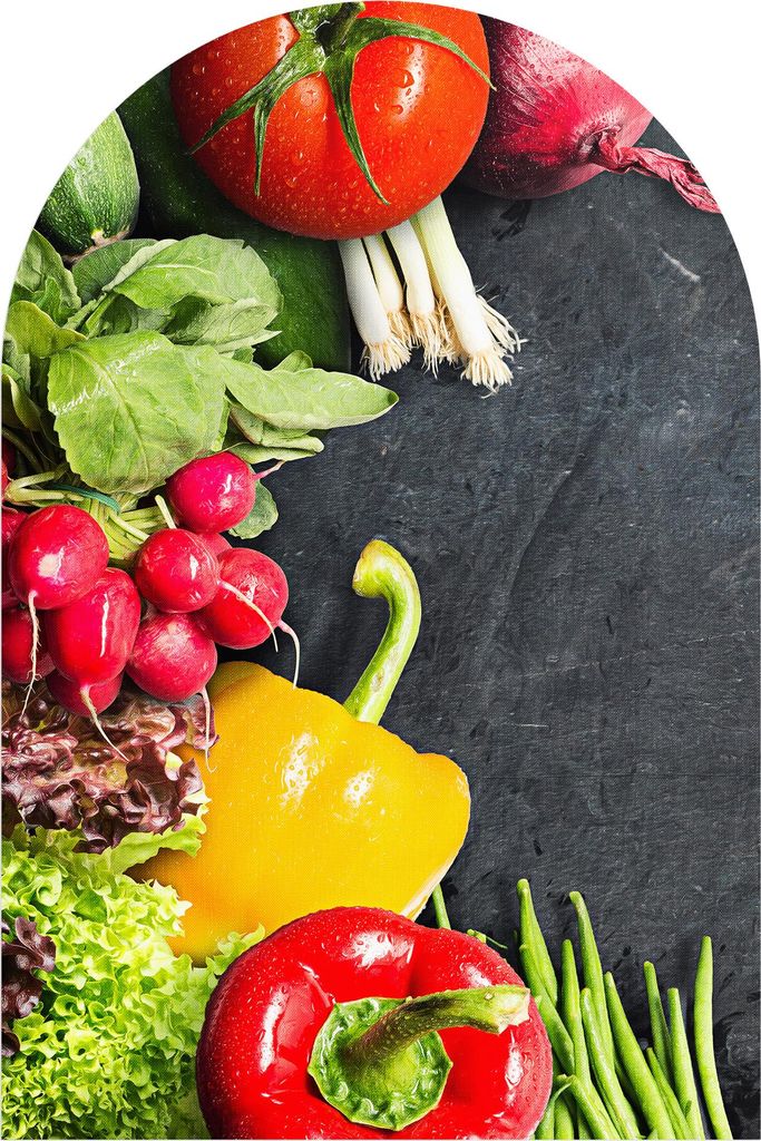 DEQORI Fototapete Rundbogen 60x90 cm 'Schiefertafel mit Gemüse' Wand Tapete Sticker