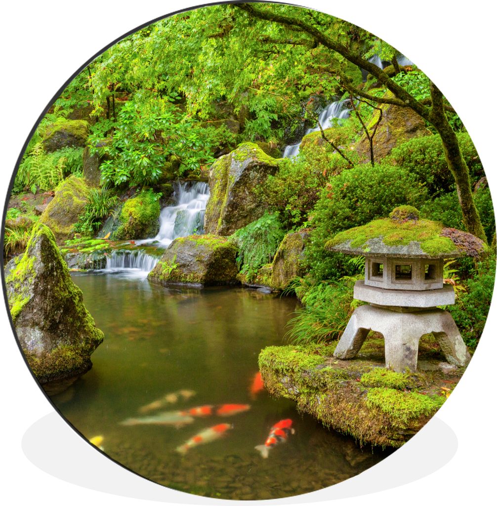 MuchoWow Aluminium Wandkreis Wasserfall - Koi - Japanische Laterne - Moos - Wasser Ø 90 cm Wanddeko Modern Wohnzimmer - Mauerkreis - Wandbilder ...