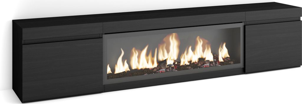 A black electric fireplace unit with a glass front showing flames and logs.