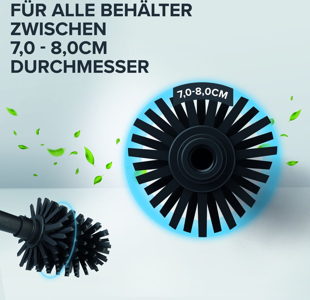 A close-up of a toilet brush head with a blue glow, and a smaller view of the brush head on the left, with green leaves floating around.