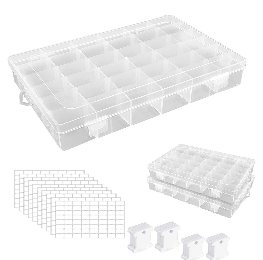 2 Stück Stickgarn Aufbewahrung mit 36 Raster, Kunststoff Aufbewahrungsbox mit 200 Stück Plastikseide Stickgarn Karten, 8 Leere Aufkleber für Bas...