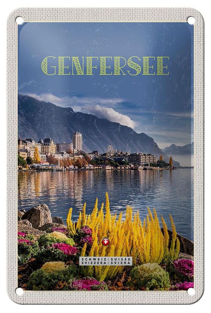 Blechschild Reise 12x18cm Genfersee Urlaub Naturliebe Riesenrad Schild