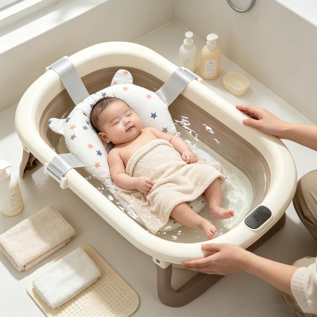 Faltbare Baby Badewanne,Babybadewanne mit Thermometer und Produktbild 