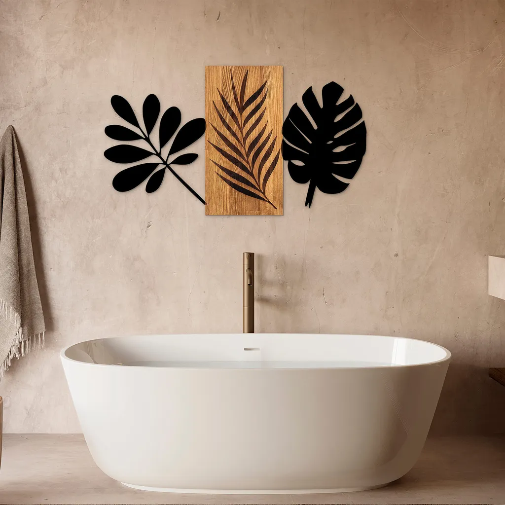 Wallity Foglie SKL2412 Noce e Nero | Decorazione Parete Legno e Metallo