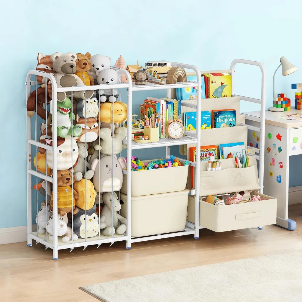 Meuble de rangement jouets 3 en 1 en métal blanc avec bacs et étagères