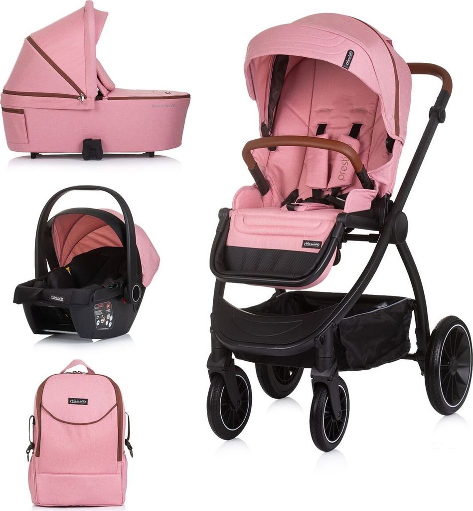 Chipolino Kombikinderwagen 3 in 1 Prestige Babywanne Rucksack i-Size Babyschale rosa