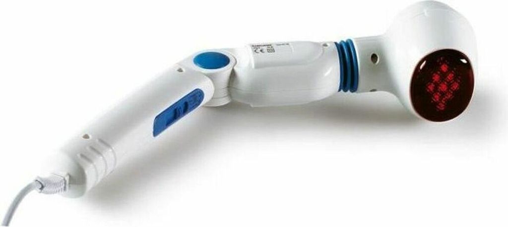 A white infrared massager with blue accents and a red infrared light on a white background.