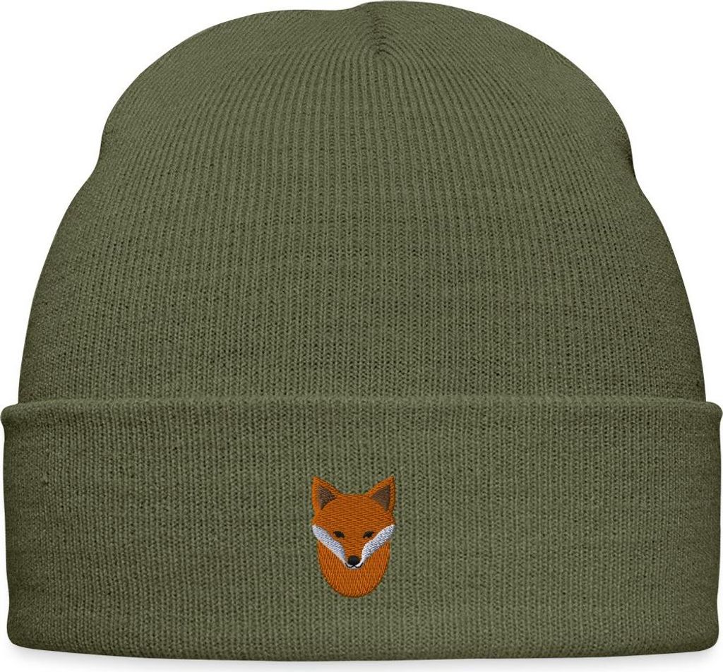 Spreadshirt Gestickter Fuchs Für Naturfans Und Ruhige Köpfe Bestickte Wintermütze, One size, Olivgrün