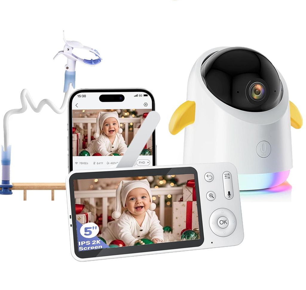 2K/3MP Babyphone mit Kamera APP 360° 5" WLAN Video Babyfone RGB Nachtsicht Weinen/Bewegungs/Geräusch-Erkennung Temperaturanzeige mit Halterung