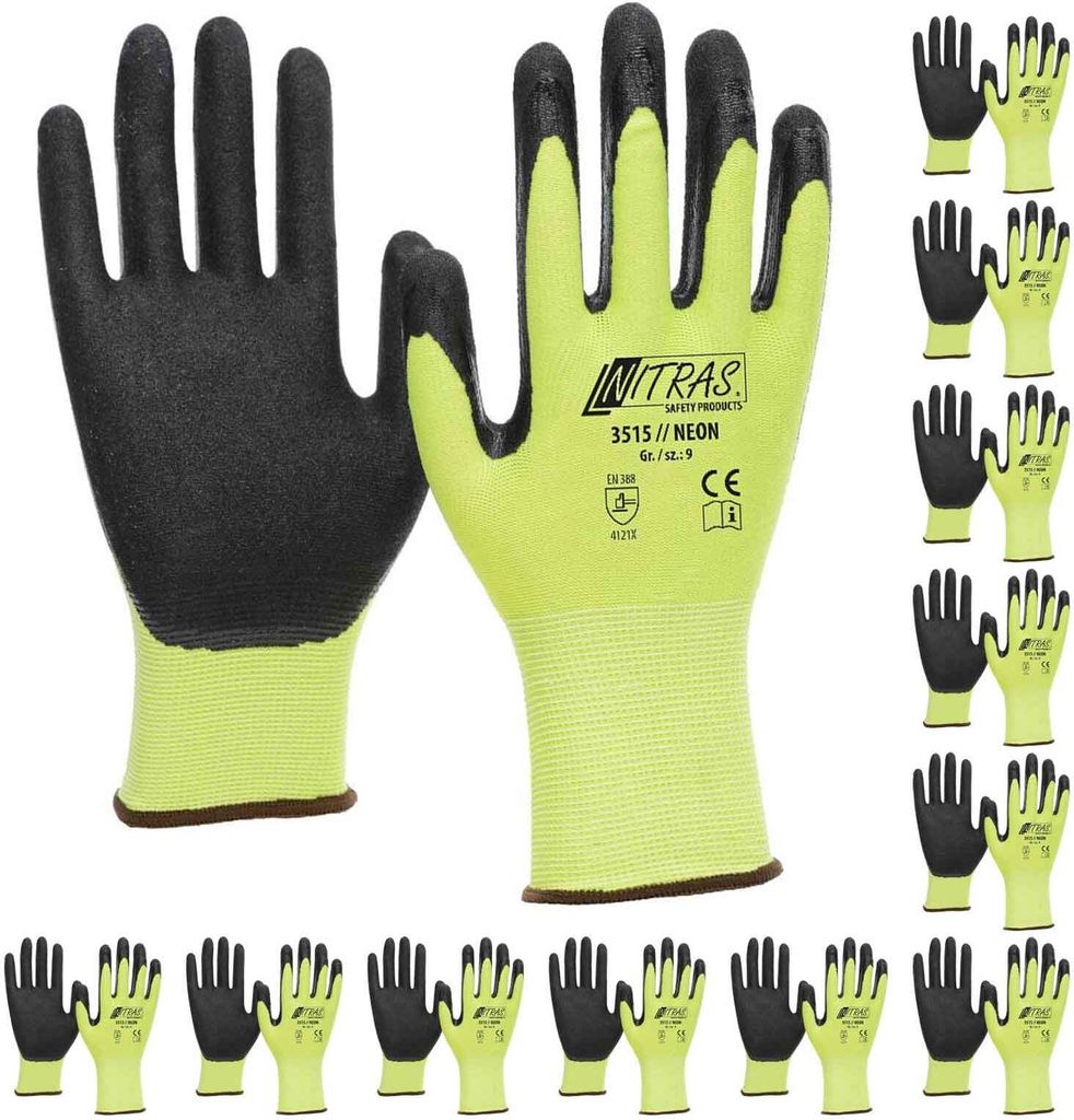 NITRAS 3515 Neon Strickhandschuh mit gesandeter Nitrilbeschichtung neongelb. Bauhandschuh, VPE 12 Paar Größe:9