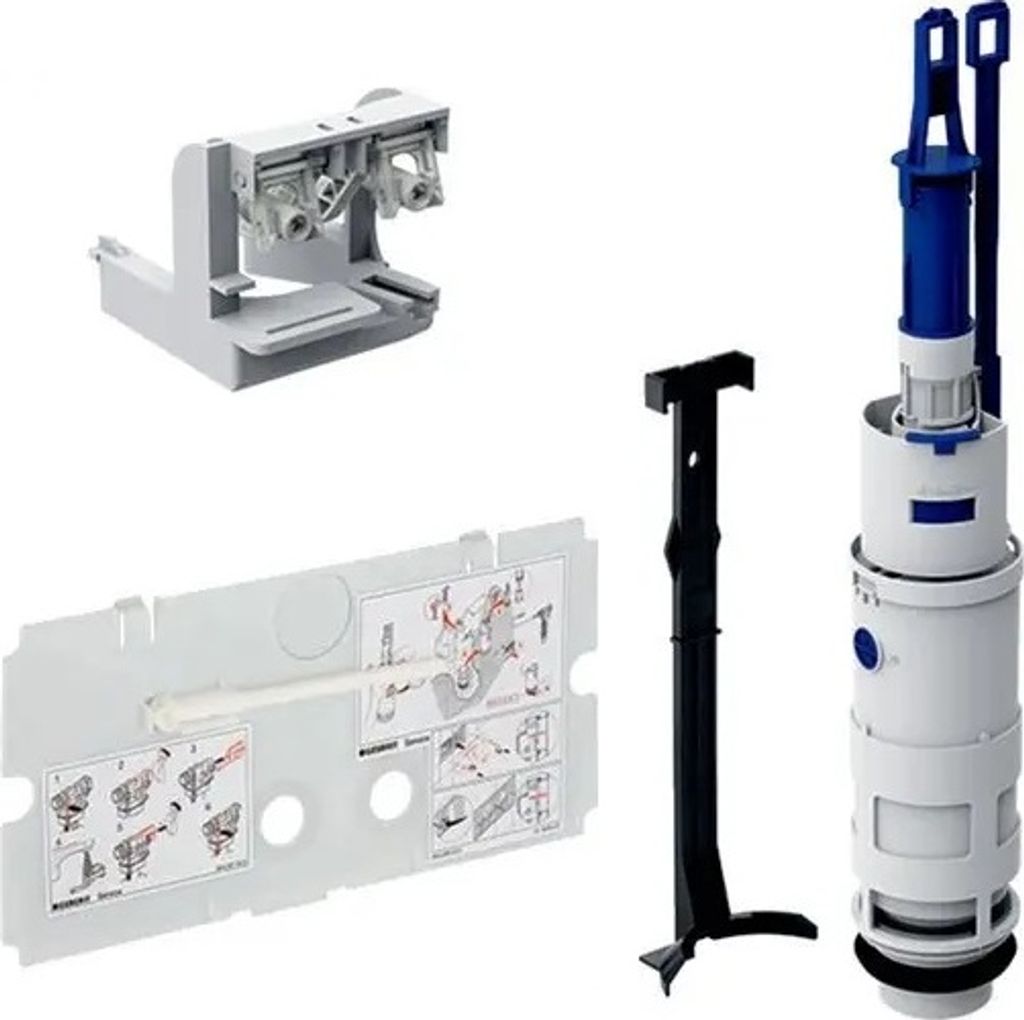 A collection of plumbing parts for a toilet cistern.