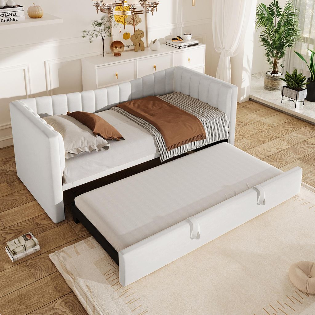 Samt-Polsterbett mit Ziehbett & Sofafunktion, Platzsparendes Daybed in Weiß, 90x200 cm (180x200 cm)