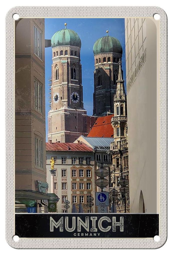 Blechschild Reise 12x18cm München Stadt Mittelalter Architektur Schild