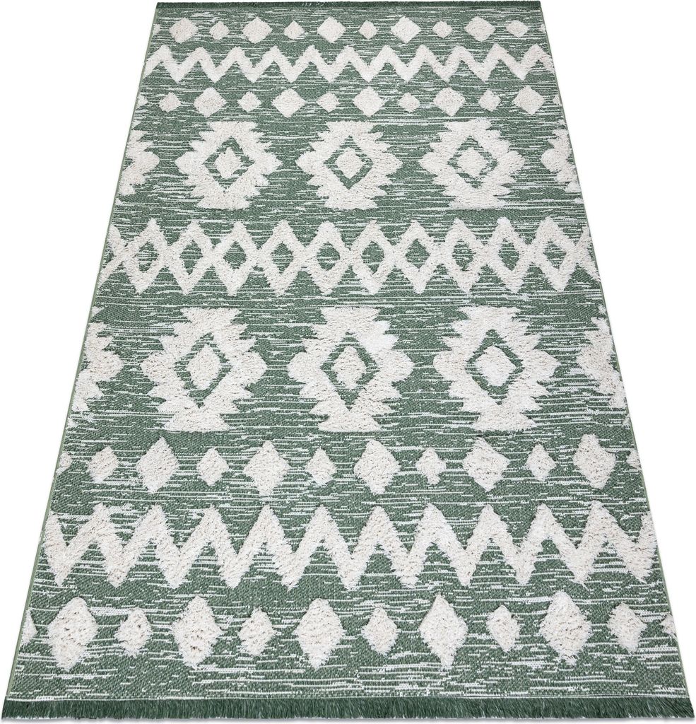 Teppich ÖKO SISAL BOHO MOROC Etno Zigzag 22319 Franse - zwei Ebenen aus Vlies grün / creme, recycelter Teppich Grün 117x170 cm