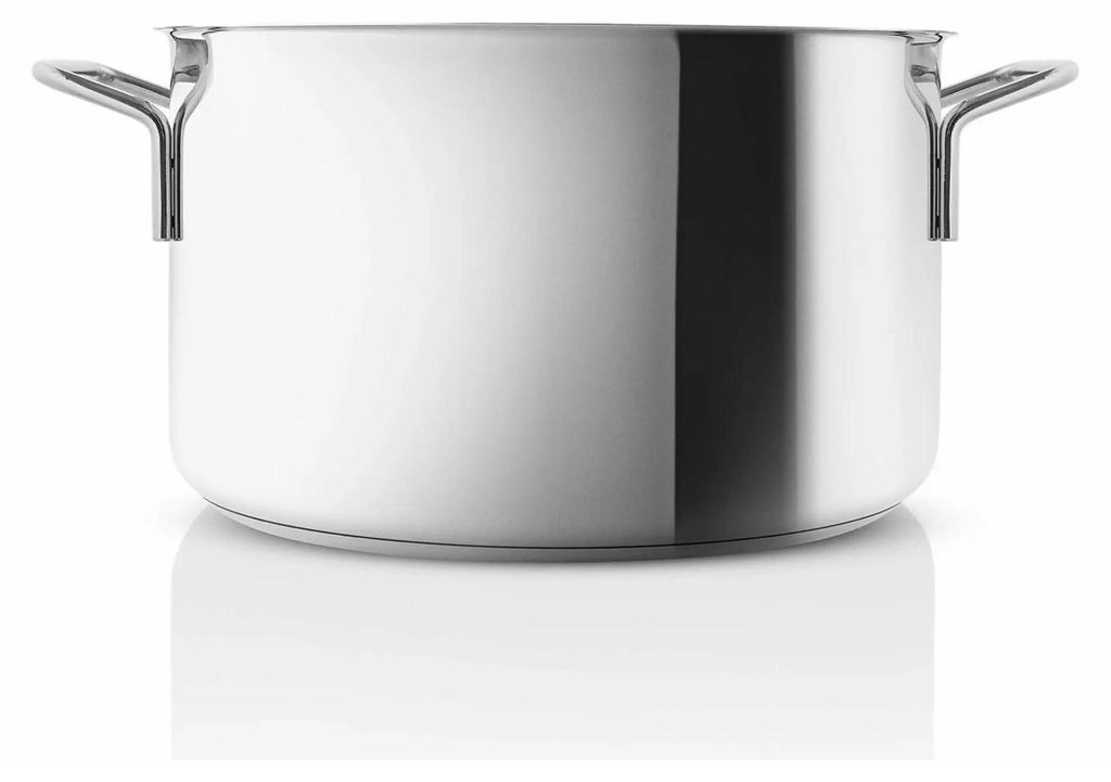 A stainless steel pot with handles, shown in a studio setting with a white background and reflection.