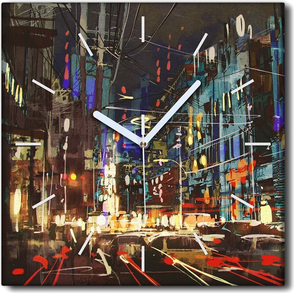 Coloray Uhr auf Leinwand 30x30 cm Wand Uhr Dekoration Wohnzimmer Segeltuch weiße Zeiger -City Night Streets.