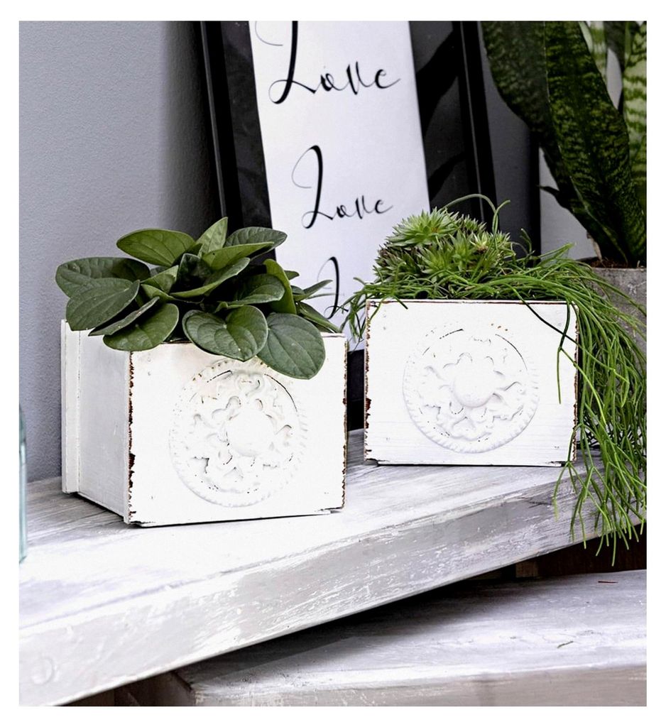 2er Set Pflanzkästen Schublade in Weiß, Shabby-Look, Blumenübertopf, Blumenkasten für Innen, Pflanzgefäß für die Fensterbank, Pflanztopf