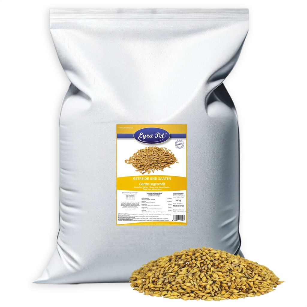 A large white bag of bird food with a label and a pile of birdseed in front of it.
