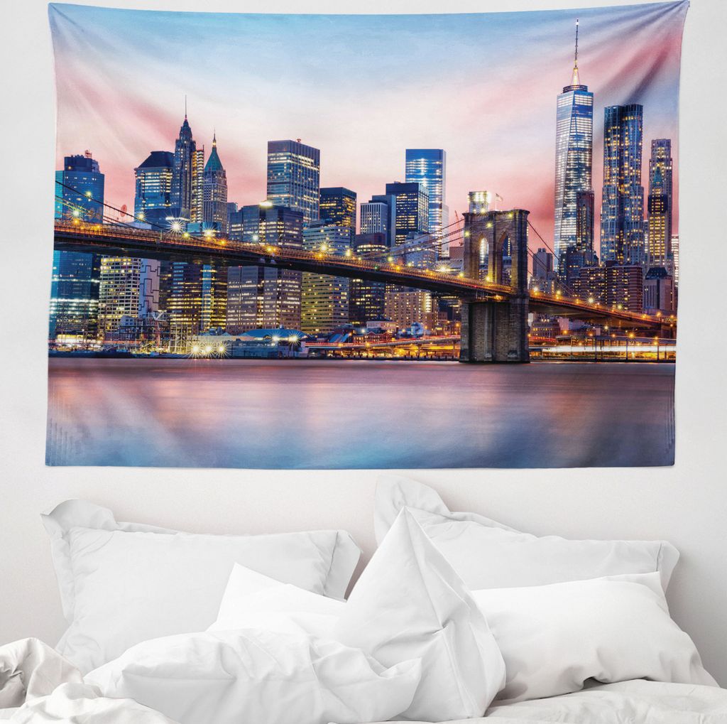 ABAKUHAUS Stadt Wandteppich, Sonnenaufgang in Brooklyn Bridge aus Weiches Mikrofaser Stoff Waschbar ohne Verblassen Digitaldruck, 150 x 110 cm, Blau
